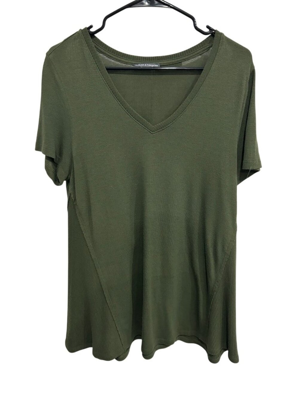 Chelsea & Theodore Womens Olive V-Neck Ribbed Side Panels Tunic Top Boho Chic